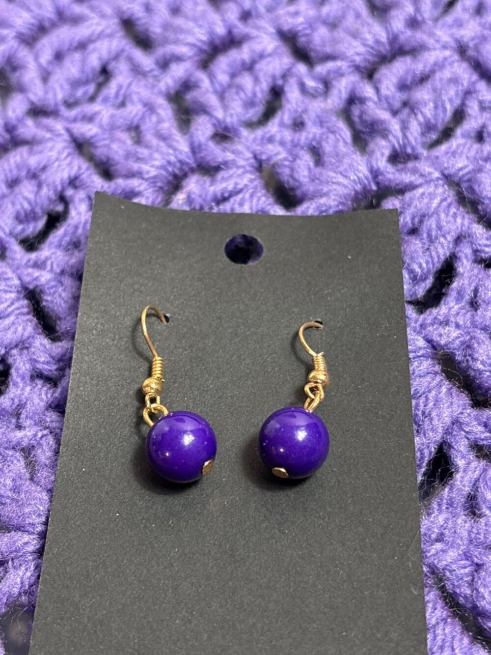 Purple Plastic Bead Dangle Earrings Goldtone Hooks 0.5 inch
